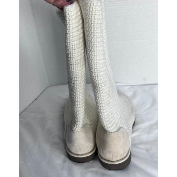 ✨SO Womens Cream Knit Tall Boots Size8 Side Zip Up Suede Heel Casual Cozy - Picture 2 of 10